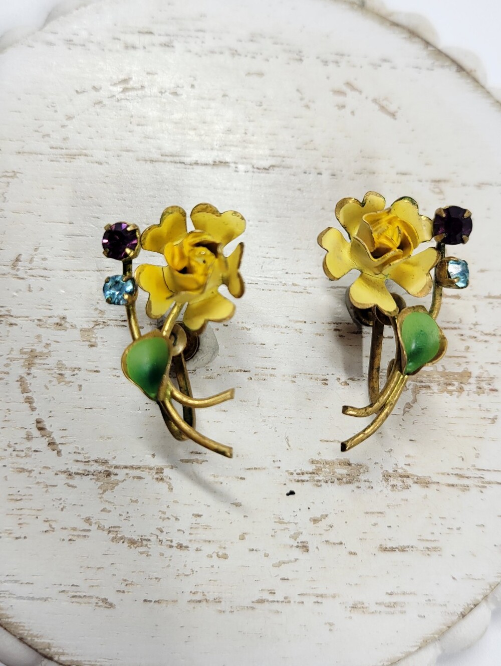 Vintage Austrian Enamel & Crystal Rose Earrings - Yellow/Purple/Blue Screw Back